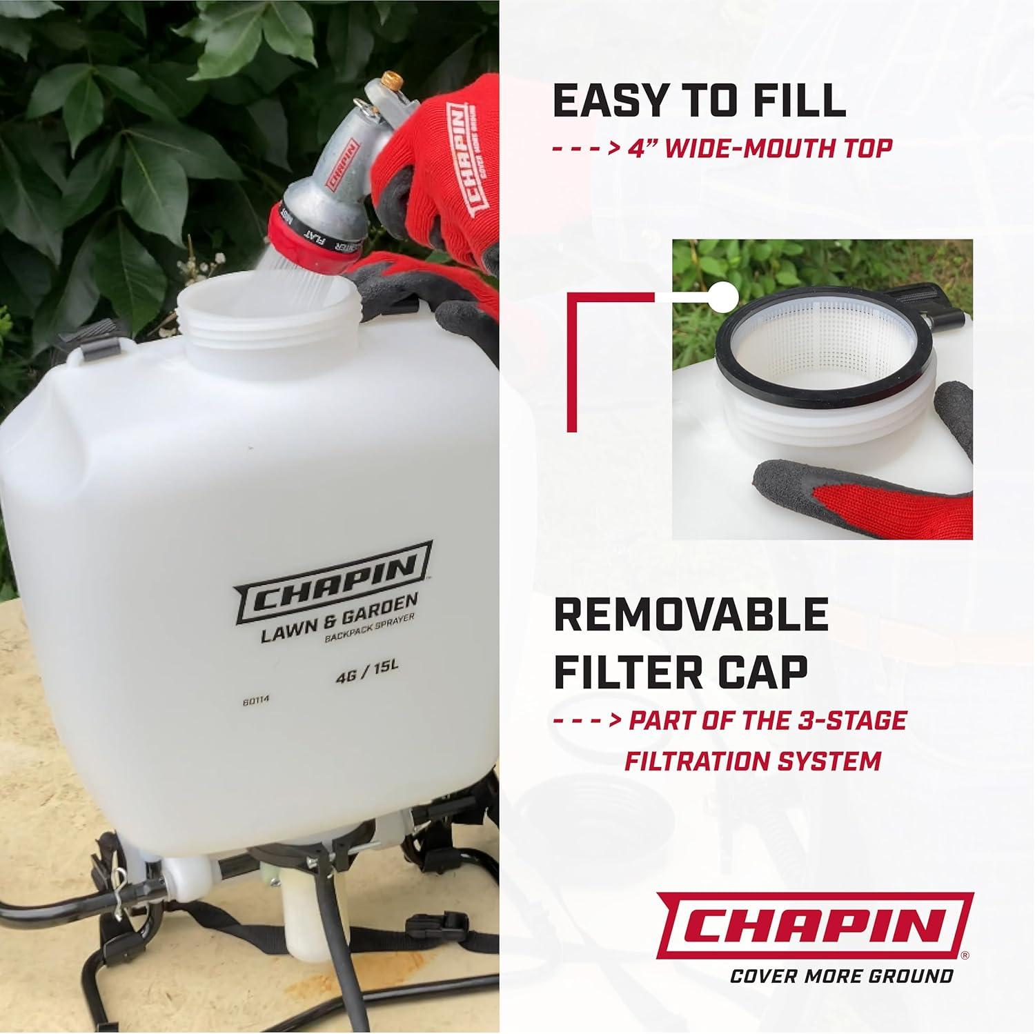 image:imageChapin 60114 Backpack Sprayer 4Gallon Pump Sprayer Translucent Poly Tank 3Stage Filtration Adjustable Poly Cone Nozzle amp 20 Wand for Lawn amp Garden Weed Pest amp Fertilizer ApplicationsSprayer