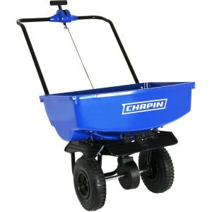 image:imageChapin 8003A 65Pound Made in The USA Residential Salt and Ice Melt Walk Behind Spreader Rear and Side Baffles 9 Tires UShaped Flipup Handle Steel Frame Enclosed Gear Box Blue