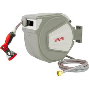 image:imageChapin 5997 Garden Hose Reel 65feet Retractable Wall Mounted HeavyDuty Case 180 Swivel Frame Mount Automatic Retract Locking Hose 10 Position Metal Garden Hose Spray Nozzle